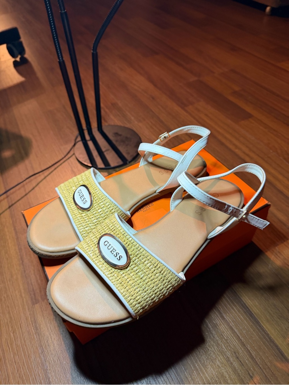 GUESS Yellow Raffia and White Ankle-Strap Slide Sandals